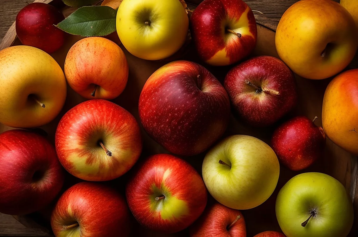 A variety of heirloom apples on a wooden serving platter