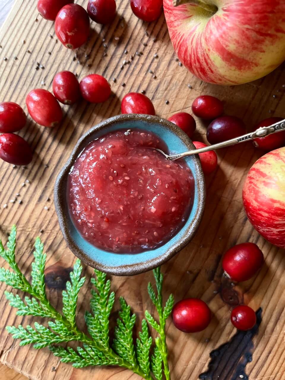 A bowl of jam filled with chia seeds sits next to cranberries and apples.