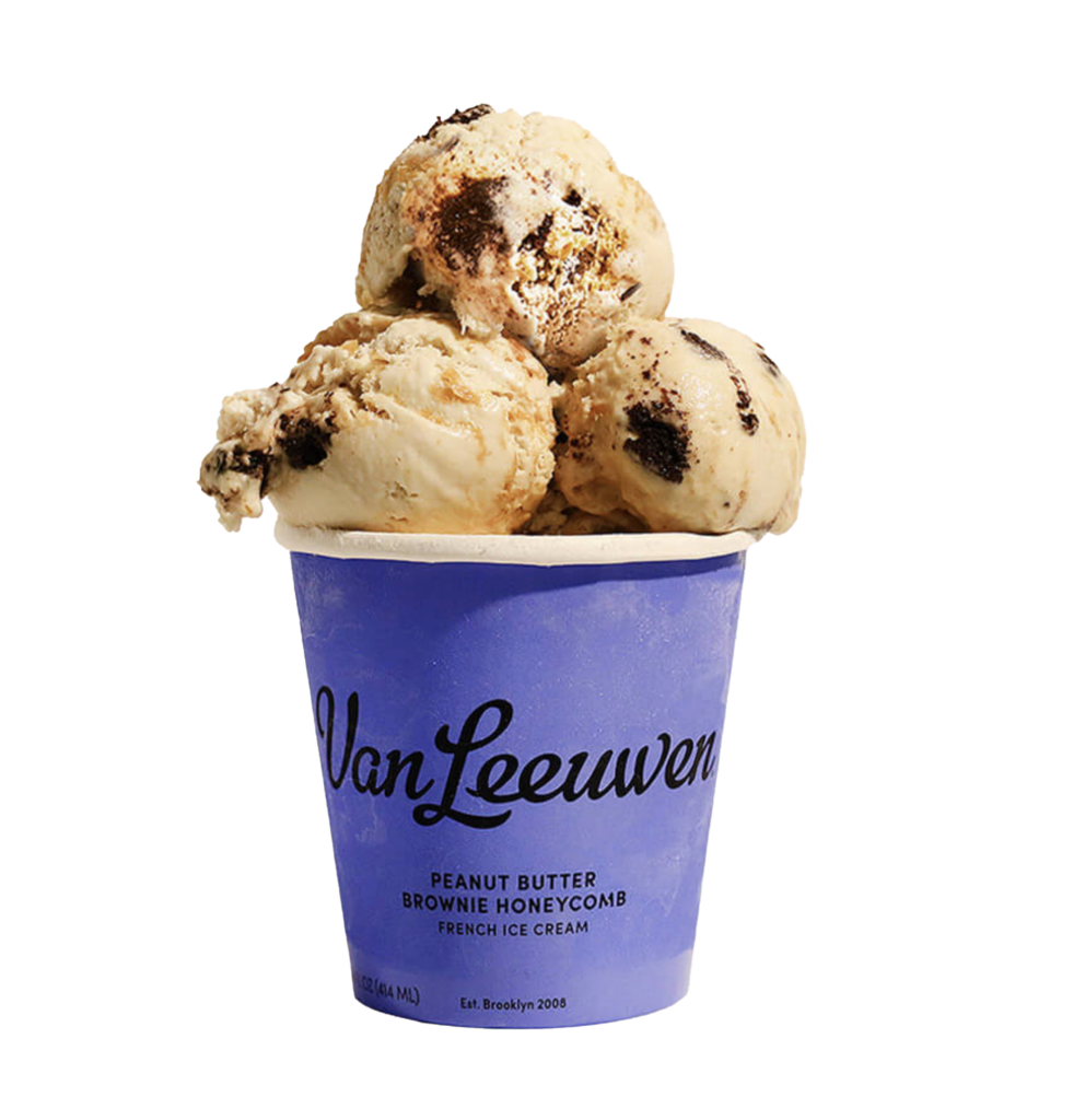 Van Leeuwen Ice Cream in peanut butter brownie honeycomb, coffee affogato, sicilian pistachio, and earl grey tea