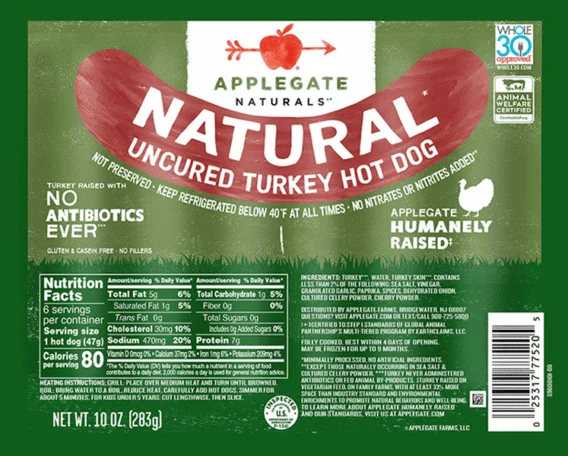 Applegate naturals uncured turkey hot dogs
